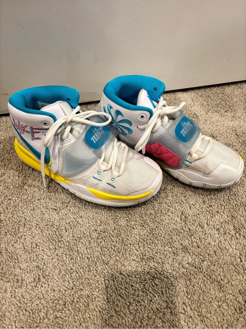 Nike Kyrie 6 Kids White High-Top Sneakers with Teal & Yellow Accents